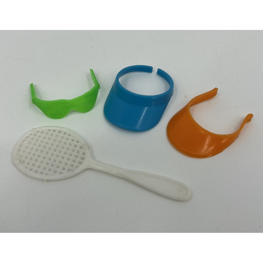 Vintage Barbie Fashion Doll Tennis Racket Two Sun Visors and Green Sunglasses
